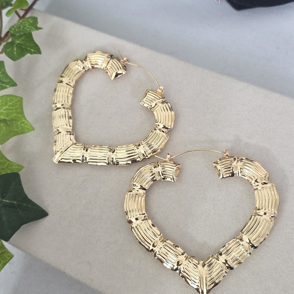 Gold Filled Heart Bamboo Doorknocker Hoop Earrings